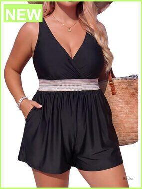 Plus Size Swim Romper Tummy Control One Piece Bathing Suit Full Coverage with